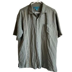 Paradise Blue Mens Luau Camp Button Up Shirt M Sage Green Hawaiian Embroidered